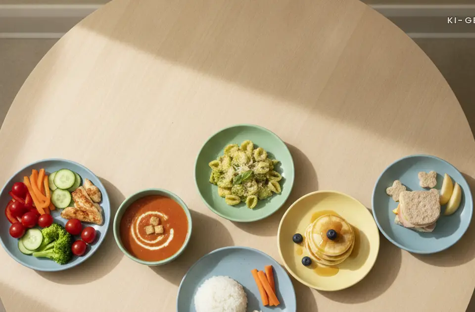 Verschiedene Mittagessen nebeneinander auf einem Kita-Tisch bei Allergie in der Kita