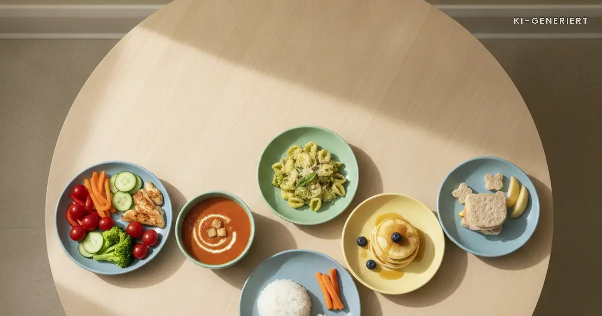 Verschiedene Mittagessen nebeneinander auf einem Kita-Tisch bei Allergie in der Kita