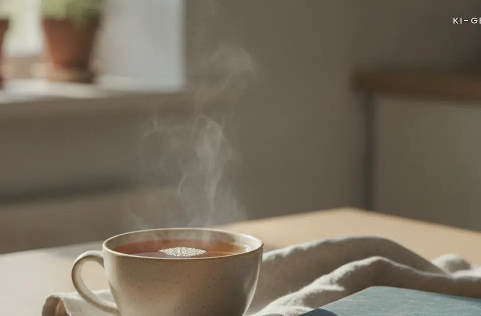 Teetasse neben geschlossenem Kalender am Morgen, Anzeichen Schwangerschaft erste Woche