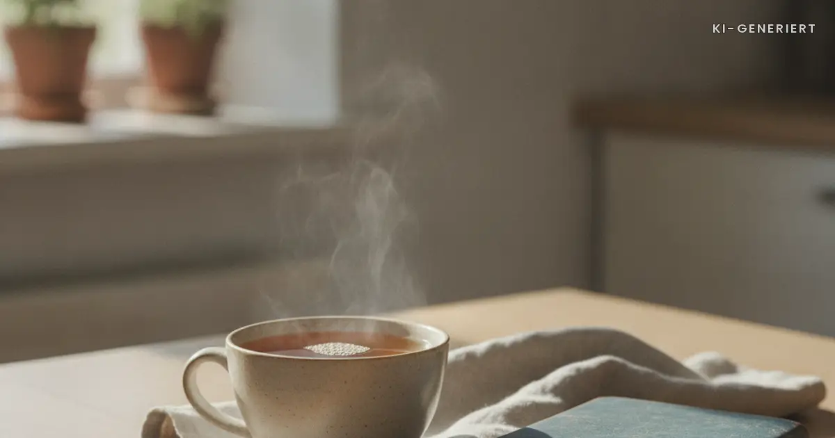 Teetasse neben geschlossenem Kalender am Morgen, Anzeichen Schwangerschaft erste Woche