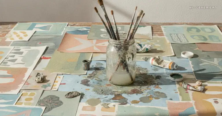 Tisch mit bemaltem Papier und Pinseln, Basteln in der Kita