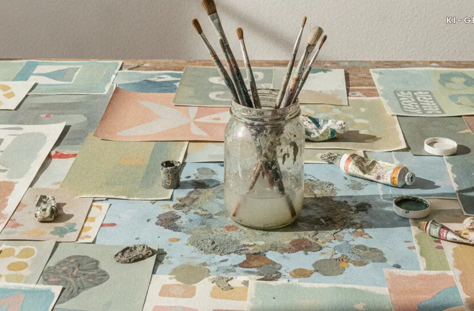 Tisch mit bemaltem Papier und Pinseln, Basteln in der Kita