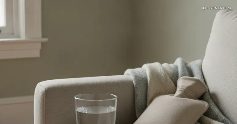 Wasserglas und Waermflasche auf dem Sofa, Blasenentzuendung Schwangerschaft