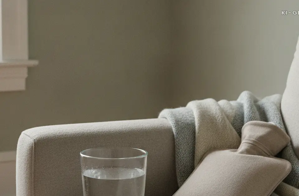 Wasserglas und Waermflasche auf dem Sofa, Blasenentzuendung Schwangerschaft