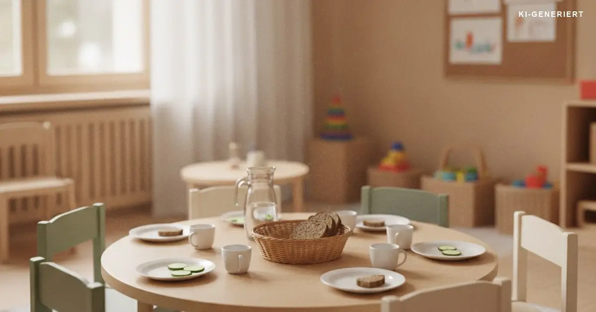 Niedriger Holztisch in einer Kita mit kleinen Tellern, Bechern, Brot und Gurkenscheiben