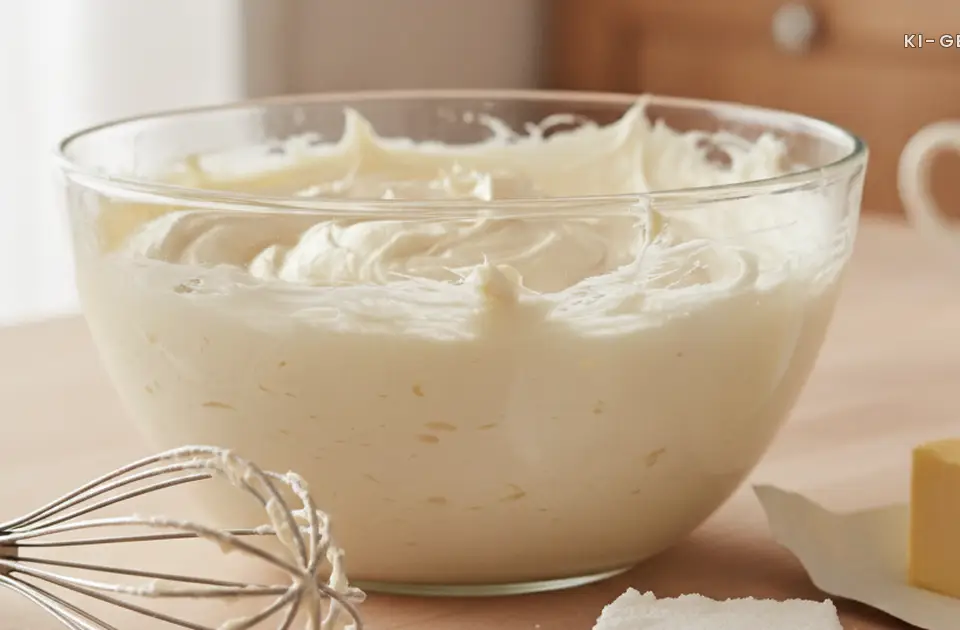 Schuessel mit aufgeschlagener Buttercreme und Schneebesen, Buttercreme ohne Pudding
