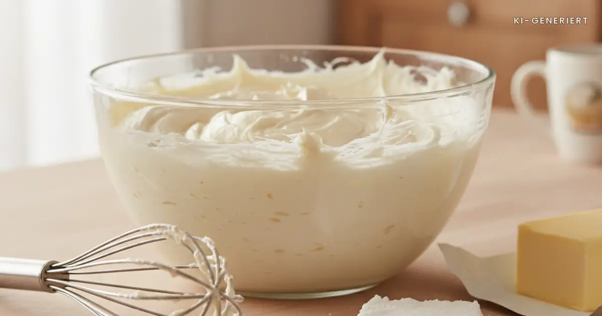 Schuessel mit aufgeschlagener Buttercreme und Schneebesen, Buttercreme ohne Pudding