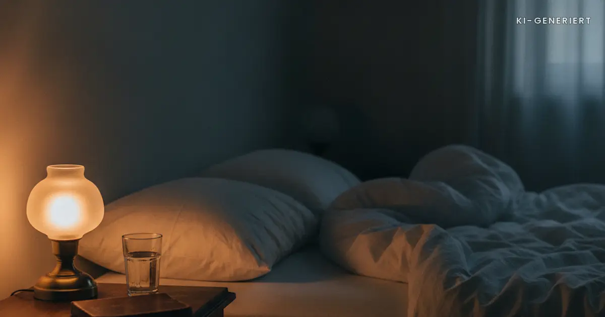 Schlafzimmer bei Nacht mit Nachttischlampe und Wasserglas, Cholestase Schwangerschaft