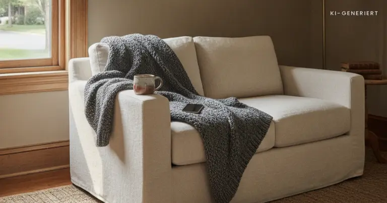 Sofaecke mit Decke, Teetasse und Handy, Corona Schwangerschaft