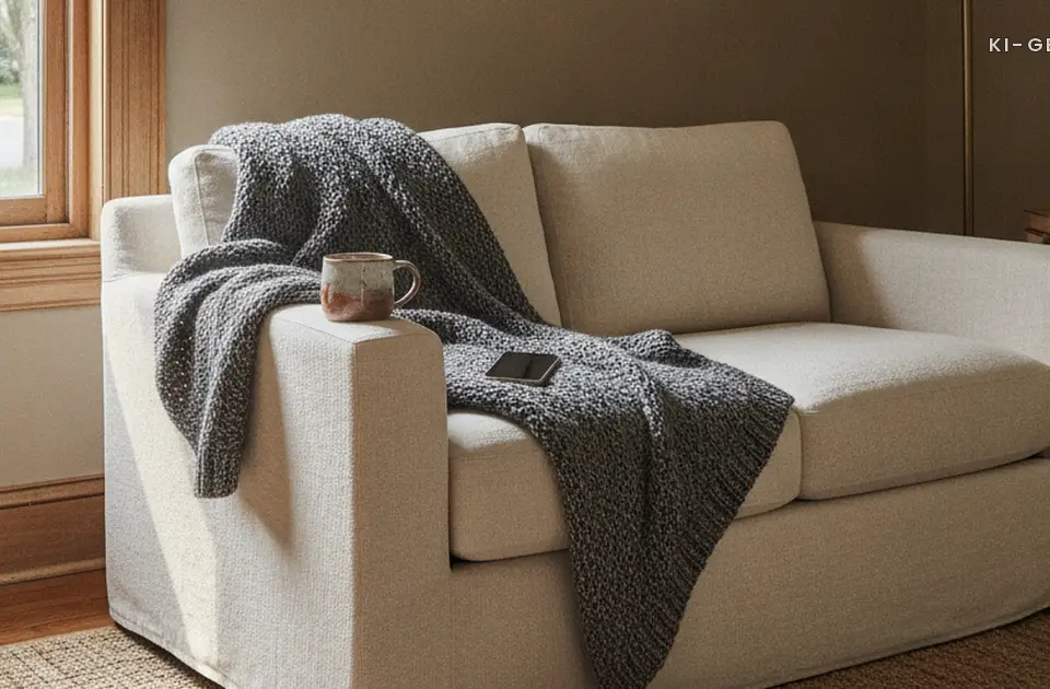 Sofaecke mit Decke, Teetasse und Handy, Corona Schwangerschaft