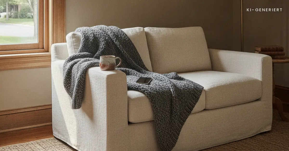 Sofaecke mit Decke, Teetasse und Handy, Corona Schwangerschaft