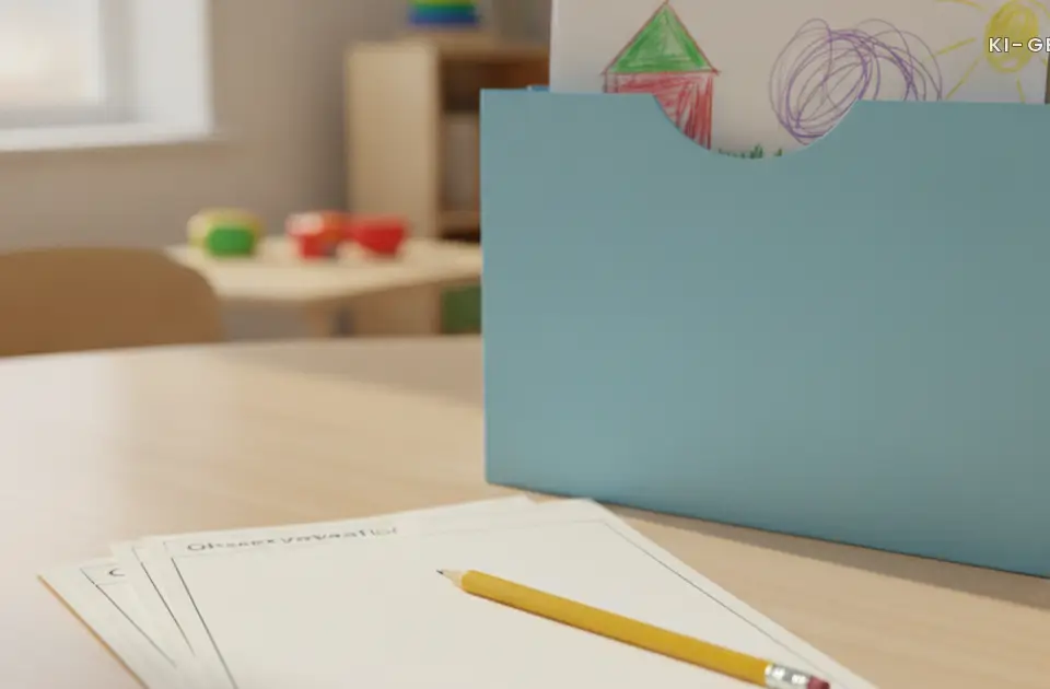 Mappe mit Kinderzeichnungen und Beobachtungsbogen, Entwicklungsbericht aus der Kita
