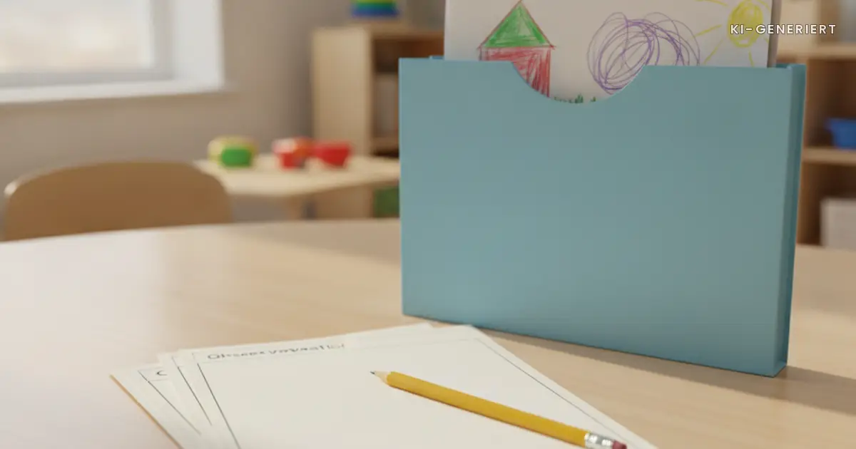 Mappe mit Kinderzeichnungen und Beobachtungsbogen, Entwicklungsbericht aus der Kita