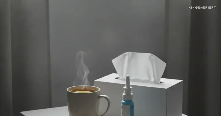Teetasse, Taschentuecher und Nasenspray am Bett, Erkaeltung Schwangerschaft