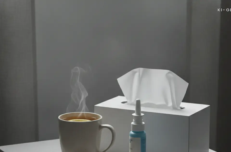 Teetasse, Taschentuecher und Nasenspray am Bett, Erkaeltung Schwangerschaft