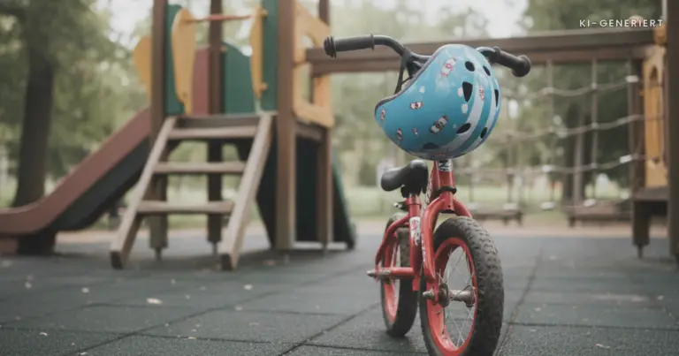 Fahrradhelm am Lenker neben dem Klettergeruest, Helm ab auf dem Spielplatz