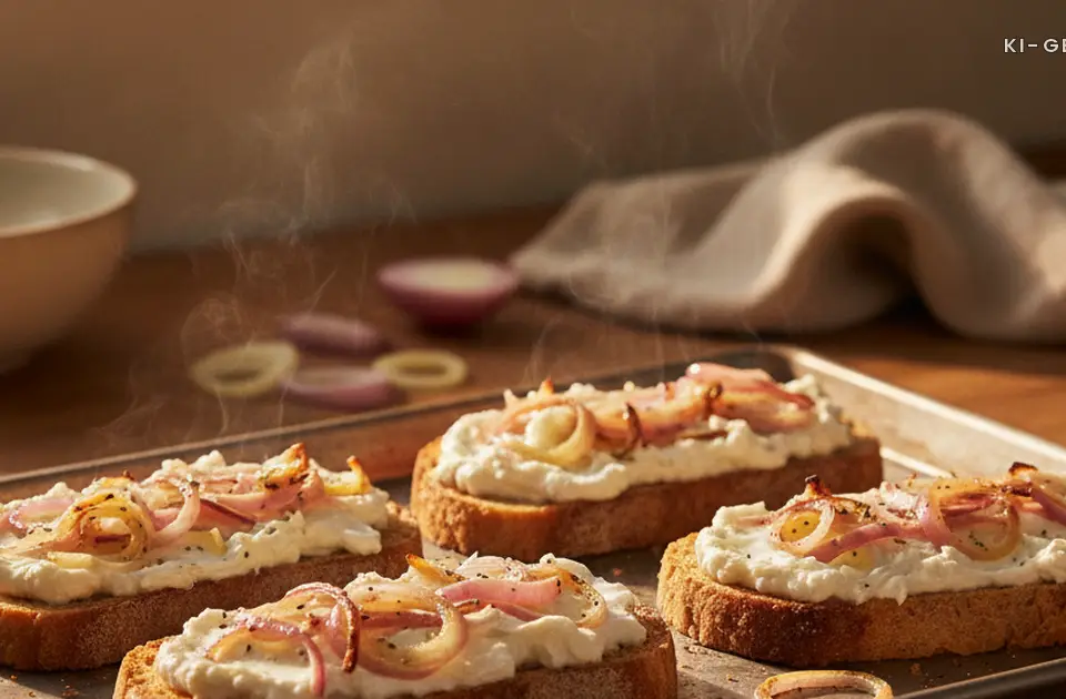 Flammkuchen-Toasts frisch aus dem Ofen auf dem Blech