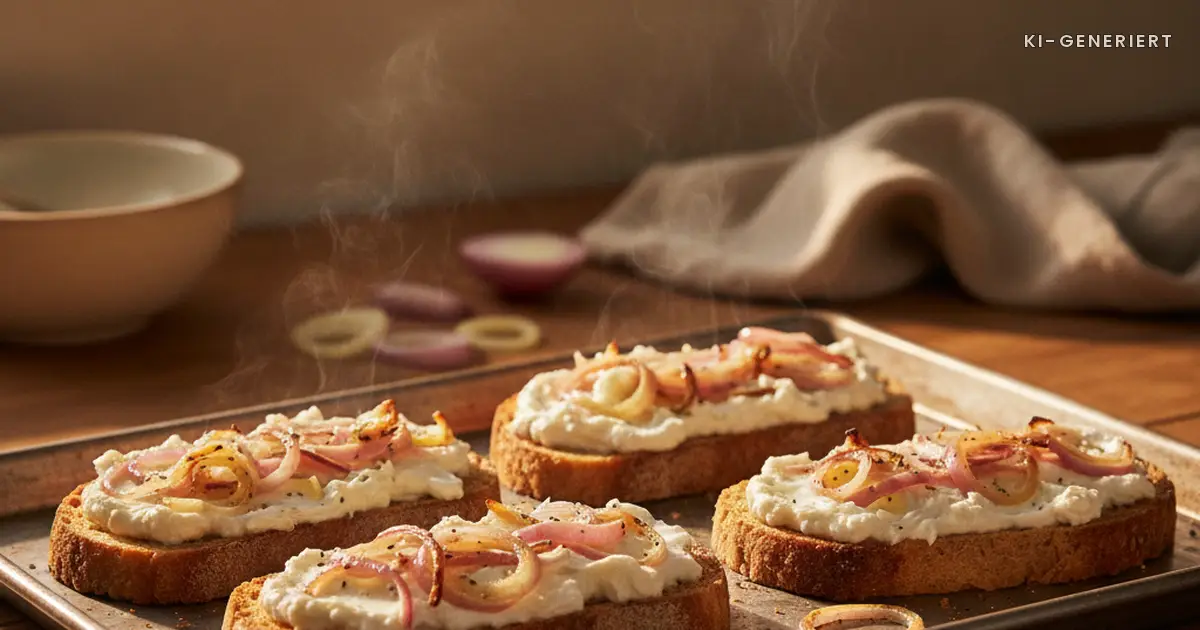 Flammkuchen-Toasts frisch aus dem Ofen auf dem Blech