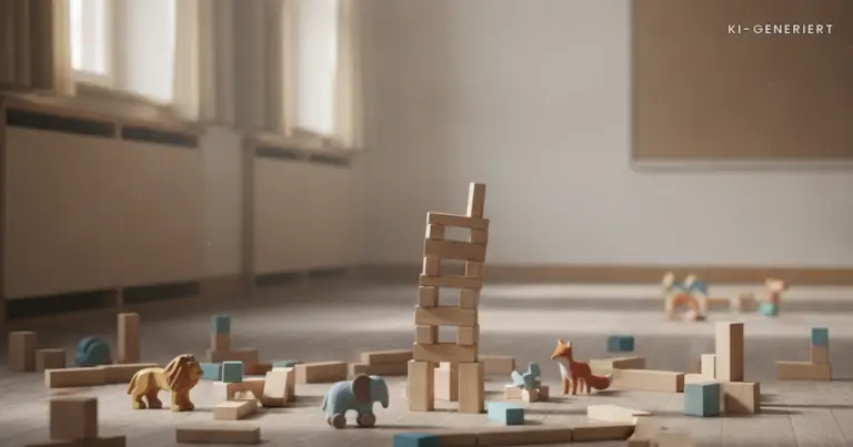 Bauklötze und halbfertiger Turm auf dem Boden, Freispiel in der Kita