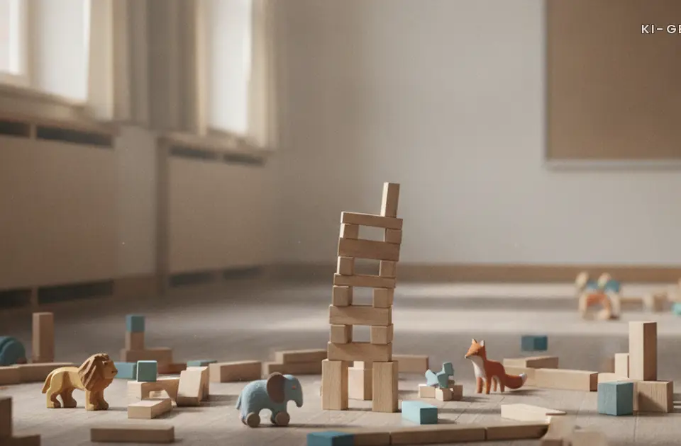 Bauklötze und halbfertiger Turm auf dem Boden, Freispiel in der Kita