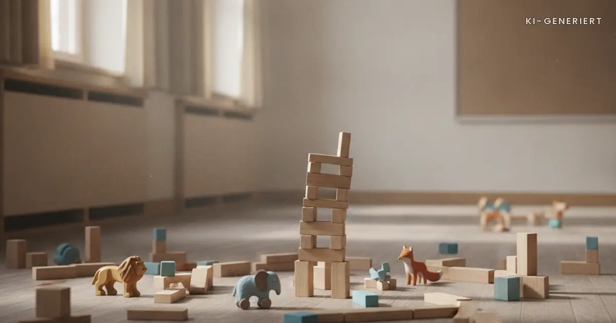 Bauklötze und halbfertiger Turm auf dem Boden, Freispiel in der Kita
