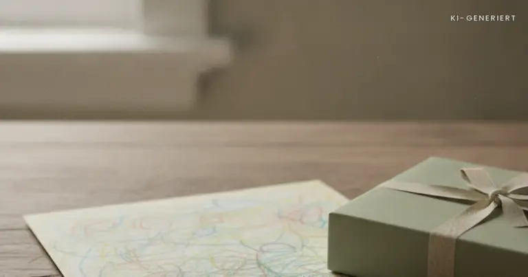 Selbstgemalte Geburtstagskarte neben einem Geschenk, Glückwunsch Kindergeburtstag