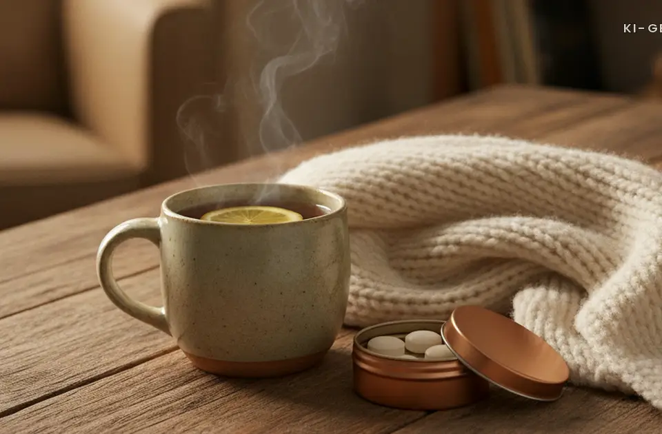 Tee mit Zitrone, Lutschtabletten und Schal auf dem Tisch, Halsschmerzen Schwangerschaft