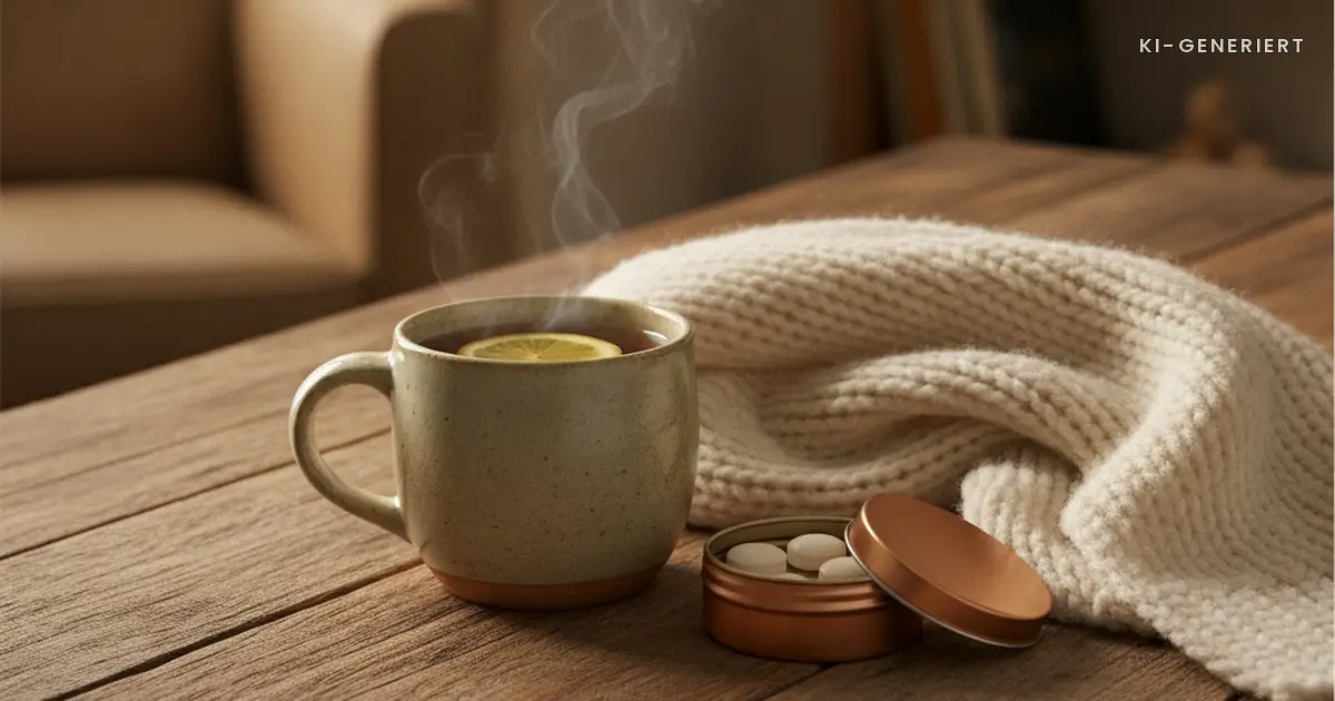 Tee mit Zitrone, Lutschtabletten und Schal auf dem Tisch, Halsschmerzen Schwangerschaft