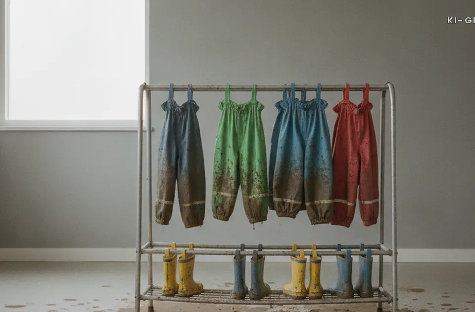 Matschhose und Gummistiefel trocknen in der Kita-Garderobe, draußen bei jedem Wetter