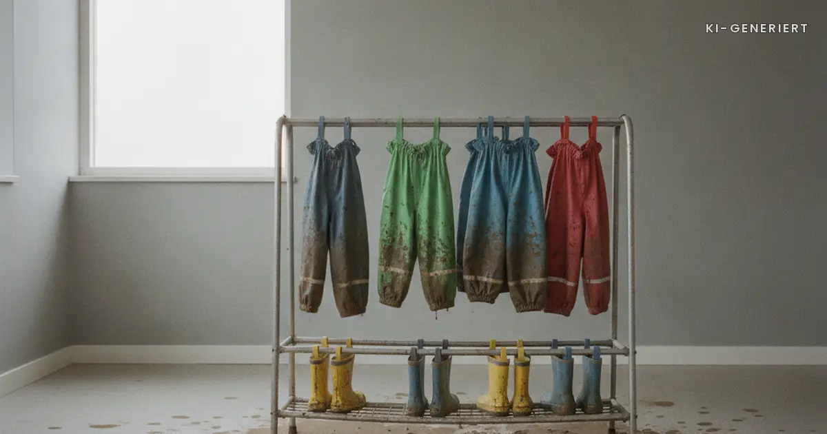 Matschhose und Gummistiefel trocknen in der Kita-Garderobe, draußen bei jedem Wetter