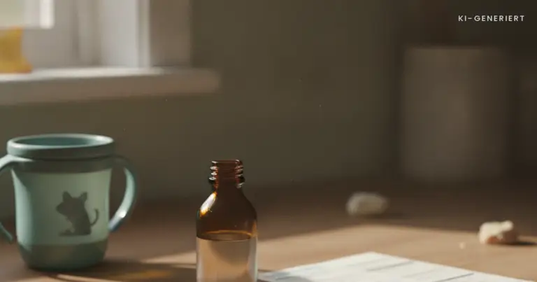 Medikamentenflasche mit Messlöffel und Formular, Medikamentengabe in der Kita