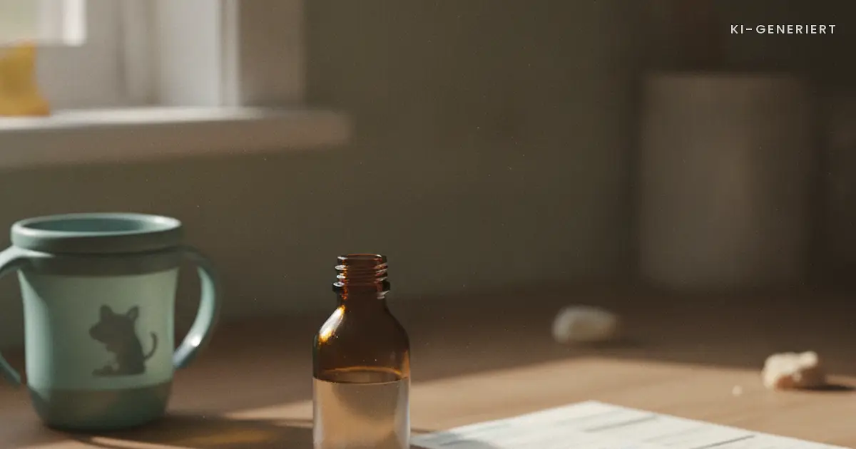 Medikamentenflasche mit Messlöffel und Formular, Medikamentengabe in der Kita