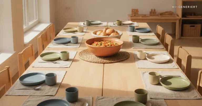 Gedeckter Kita-Tisch mit kleinen Tellern und Schüssel, Mittagessen in der Kita