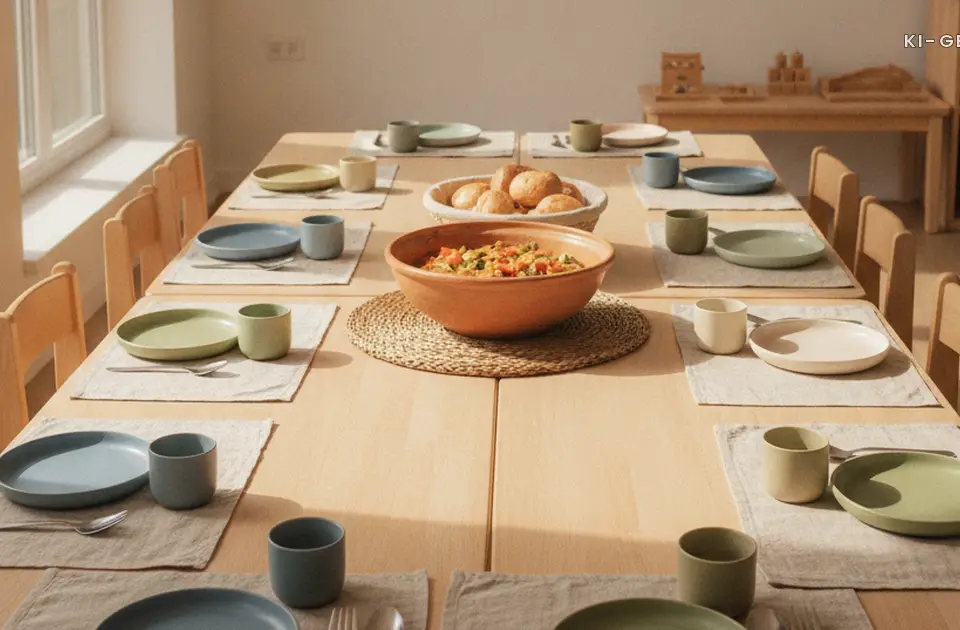 Gedeckter Kita-Tisch mit kleinen Tellern und Schüssel, Mittagessen in der Kita