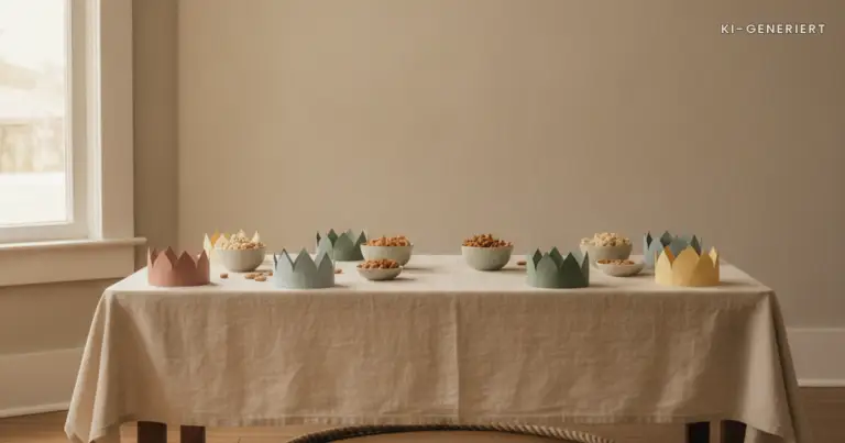 Gedeckter Tisch mit Papierkronen und Snacks, Mottoparty Kindergeburtstag