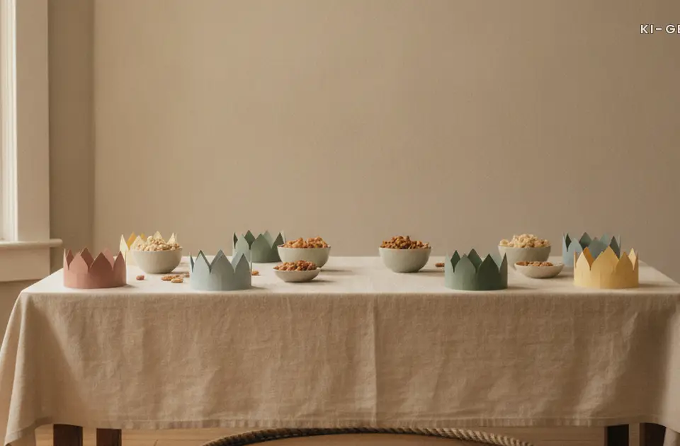 Gedeckter Tisch mit Papierkronen und Snacks, Mottoparty Kindergeburtstag
