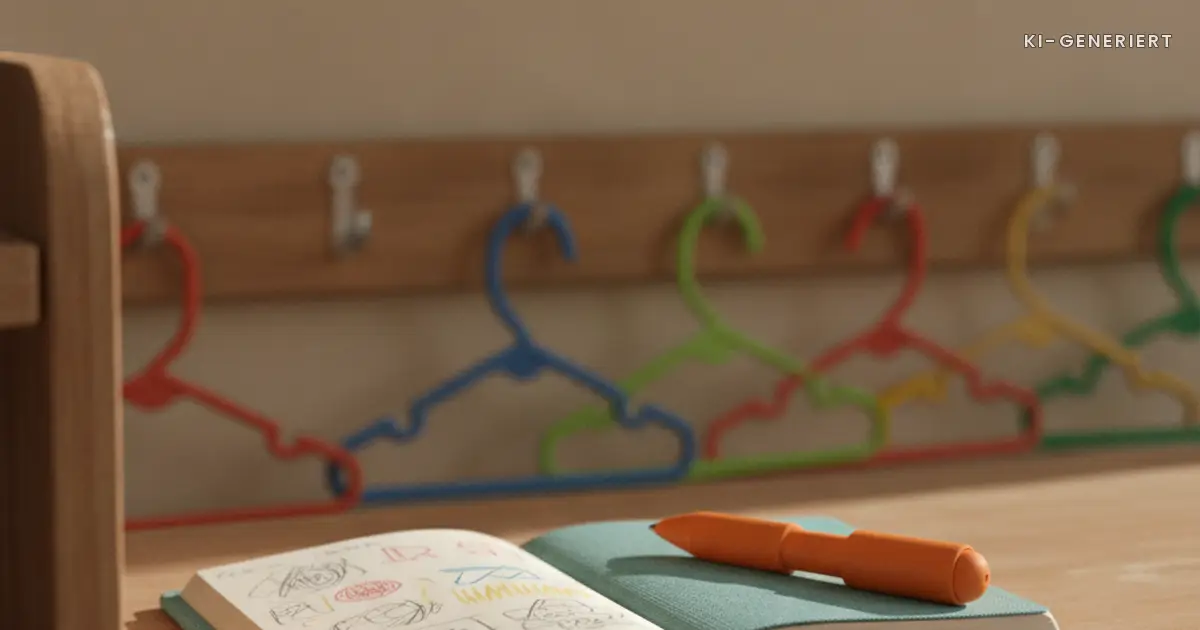 Aufgeschlagenes Muttiheft mit Stift in der Kita-Garderobe
