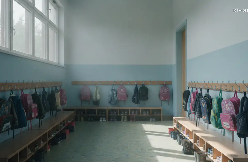 Leere Kita-Garderobe im Morgenlicht, Probleme mit der Erzieherin