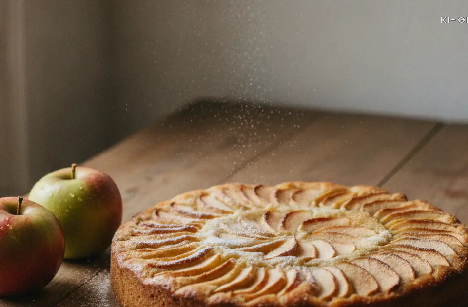 Saftiger Apfelkuchen mit Puderzucker auf dem Küchentisch