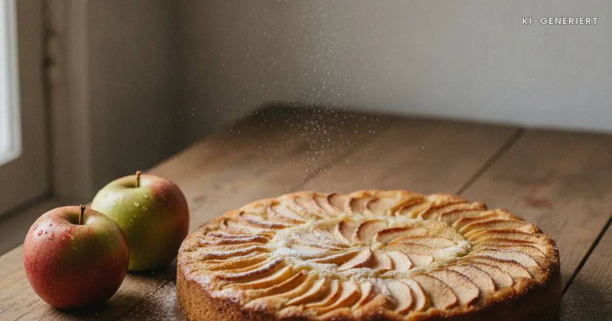 Saftiger Apfelkuchen mit Puderzucker auf dem Küchentisch