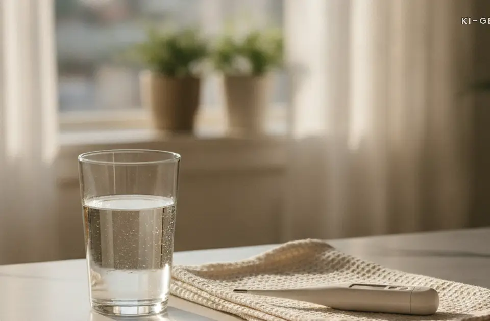 Wasserglas und Fieberthermometer auf der Kuechenablage, Scharlach Schwangerschaft