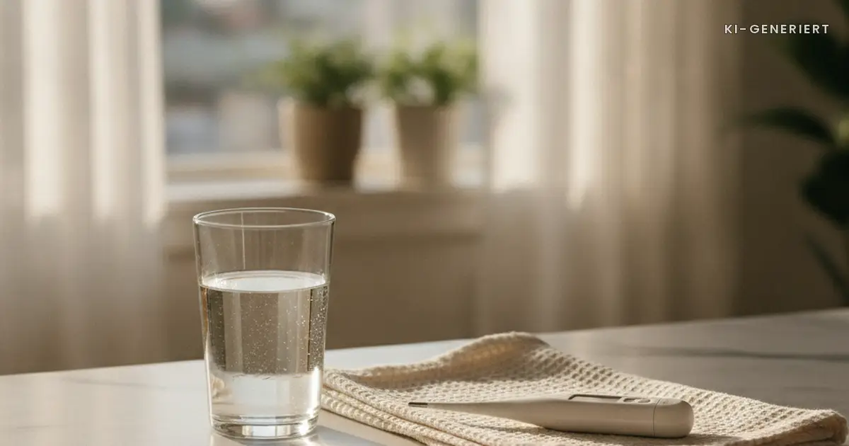 Wasserglas und Fieberthermometer auf der Kuechenablage, Scharlach Schwangerschaft