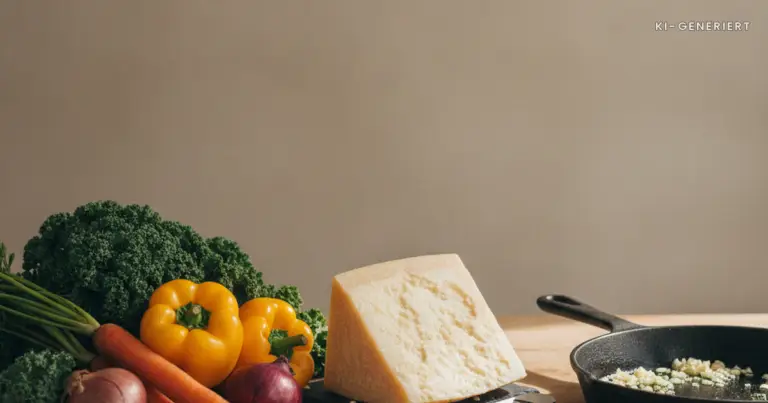 Gemuese, Hartkaese und Bratenthermometer auf der Kuechenarbeitsplatte, Schwangerschaft Ernaehrung