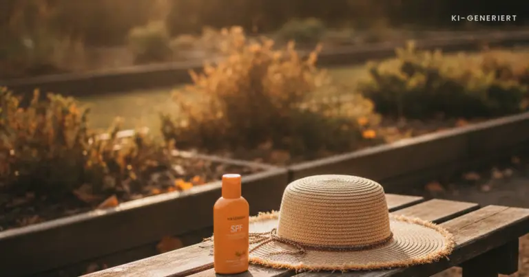 Sonnenhut und Sonnencreme auf einer Bank im Kita-Garten, Sonnenschutz Kita