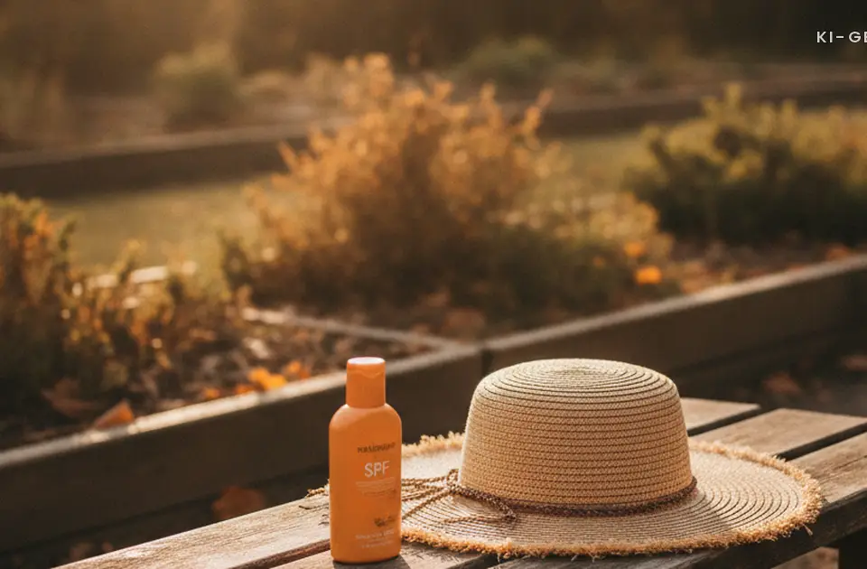 Sonnenhut und Sonnencreme auf einer Bank im Kita-Garten, Sonnenschutz Kita