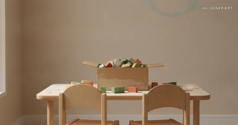 Zwei Stühle am Kita-Tisch mit einer gemeinsamen Kiste, soziale Kompetenzen Kita