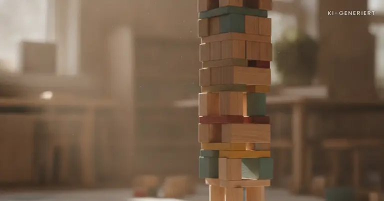 Hoher Turm aus Bauklötzen auf dem Kita-Boden, Spielen ist Lernen