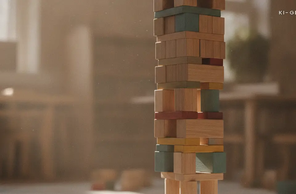 Hoher Turm aus Bauklötzen auf dem Kita-Boden, Spielen ist Lernen