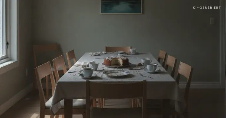 Esstisch nach dem Besuch mit Kaffeetassen, Streit mit den Schwiegereltern