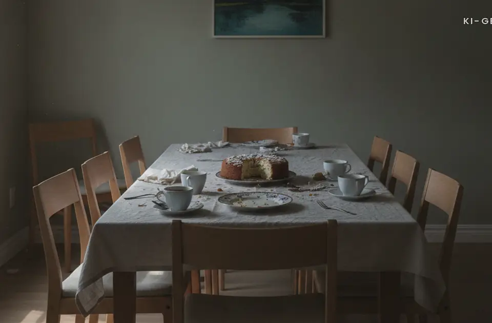 Esstisch nach dem Besuch mit Kaffeetassen, Streit mit den Schwiegereltern